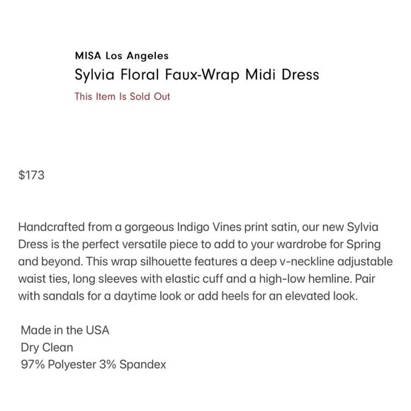 MISA Los Angeles Size XS‎ Sylvia Floral Wrap Midi Dress Indigo Vines MSRP $355
